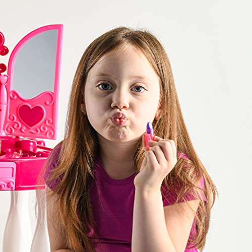 Play22 Pretend Play Girls Vanity Set with Mirror and Stool 21 PCS - Kids Makeup Vanity Table Set with Lights and Sounds - Includes Fashion Hair & Makeup Accessories