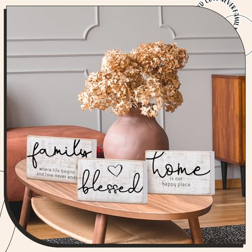 Jetec 3 Pcs Family Home Blessed Rustic Wood Sign Mini Wood Decorative Farmhouse Woodworks Table Shelves Decorations Sign for Bedroom Kitchen Living Room Table Decor(Retro Color,4.25 x 2.76 x 0.59 in) - color: Retro Color, size: 4.25 x 2.76 x 0.59 in
