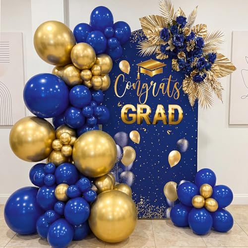 Tingjoo Blue Gold 2026 Graduation Decoration Class of 2026 6.6 ft Arch Backdrop Cover Spandex Photo Background Decor Double-Sided Round Top Backdrop Congrats Grad Decor for Graduation - color: Blue Gold
