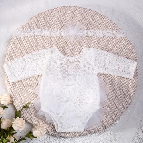 Newborn Photography Outfits Girl Baby Photography Props Lace Romper with Headress Newborn Outfits Girls Photo Props - color: White