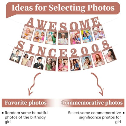 Pre-strung Awesome Since 2008 Photo Banner Birthday Decorations for Girls Women- Pink Rose Gold Glitter Happy 18th Birthday and Anniversary Decorations Party Supplies - style: Pink Rose Gold 18th