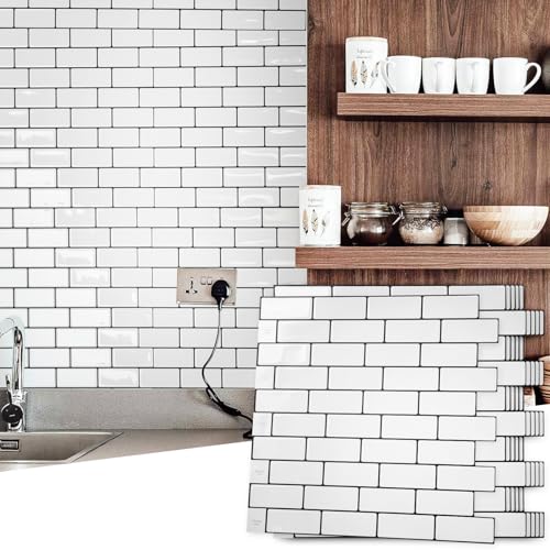 Art3d 10-Sheet Peel and Stick Backsplash Tile for Kitchen - 12”×12” Stick on Wall Tile for Kitchen Bathroom Countertop Living Room, Warm White with Black Grout - color: Warm White With Black Grout