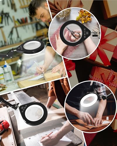 Magnifying Glass with Light, 10X & 5X Real Glass & Anti-Glare Lens, 5 Color Mode Stepless Dimmable LED Desk Magnifying Lamp, Hands-Free Desk Lamp with Clamp for Crafts Reading Repair Hobby (White) - color: White