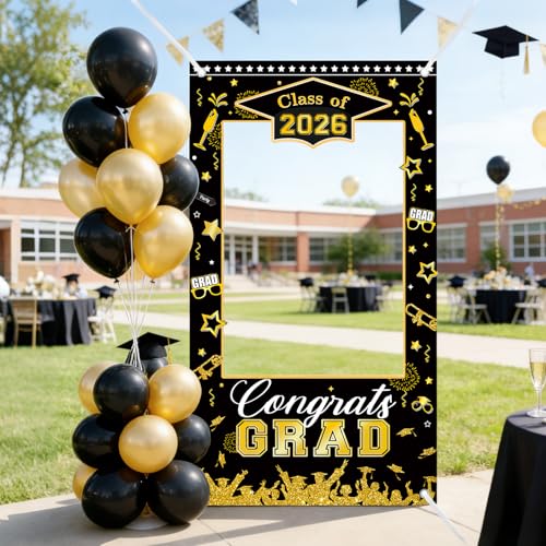 AIBIIN Class of 2026 Graduation Photo Backdrop Black and Gold Graduation Decorations Congrats Grad Party Decoration for High School College