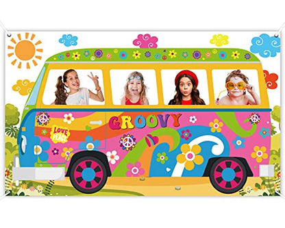 60's Hippie Bus Photo Prop 60s Party Decorations Large Fabric Retro Groovy Van Prop Hippie Selfie Frame Backdrop Background Banner Birthday Party Supplies Retro 60s 70s Party Favors 65.8 x 35.4 Inch - style: 60's Hippie