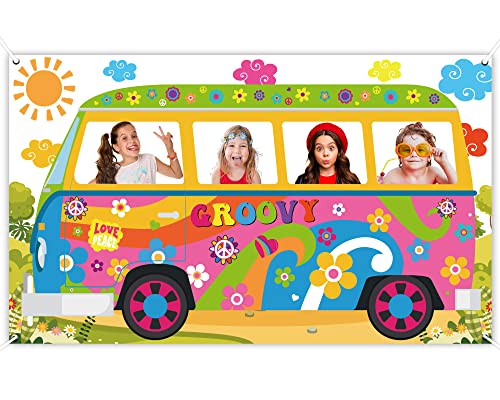 60's Hippie Bus Photo Prop 60s Party Decorations Large Fabric Retro Groovy Van Prop Hippie Selfie Frame Backdrop Background Banner Birthday Party Supplies Retro 60s 70s Party Favors 65.8 x 35.4 Inch - style: 60's Hippie