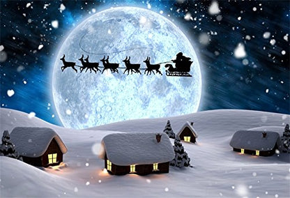 7x5ft Moon Night Winter Backdrops for Photography Fantasy Santa's Sleigh Ride Snowing Wonderland Fairy Tale Small Village Christmas Background Happy New Year Photo Booth Props