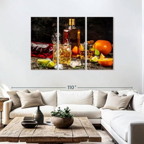 ElephantStock - Citrus Whiskey And Cigar Wall Art - Horizontal Multi Panel Canvas - 3 Piece Living Room Wall Decor - Photography Food And Drink Multi Piece Wall Art - Brown And Gray Decor - 74" x 48" - size: 74L" x 48W"