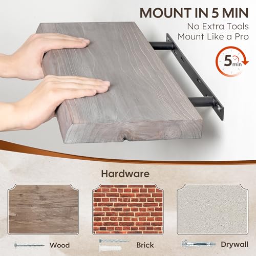Live Edge Floating Shelves Set of 2, 32 Inch Solid Elm Wood Wall Shelves - Invisible Bracket Mount for Living Room, Bedroom, Kitchen, Bathroom | Weathered Gray - color: Driftwood Gray, size: 32"L, 2-Pack