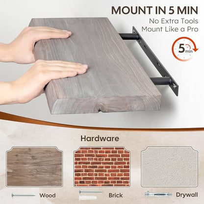 Live Edge Floating Shelves Set of 2, 36 Inch Solid Elm Wood Wall Shelves - Invisible Bracket Mount for Living Room, Bedroom, Kitchen, Bathroom | Weathered Gray - color: Driftwood Gray, size: 36"L, 2-Pack