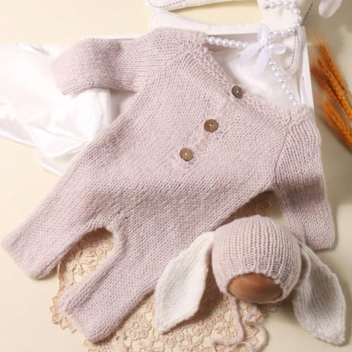 Newborn Baby Photo Shoot Props Girl Boy Crochet Knit Hat Costume Stripe Hat Pants Overalls Photography Props - color: Gray a
