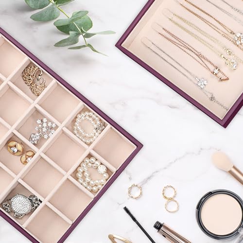 Voova Stackable Jewelry Organizer Tray with Lid, PU Leather Jewelry Storage Holder for Drawer Inserts, Jewellery Display Box Case for Earring Necklace Ring Watch Bracelet (Set of 4, Purple) - color: Purple