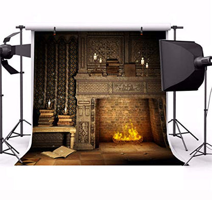 Laeacco Fantasy Room Interior Backdrop 8x8ft Vinyl Photography Background Flame and Fireplace Magical Books Candle Retro House Background - size: 8x8ft