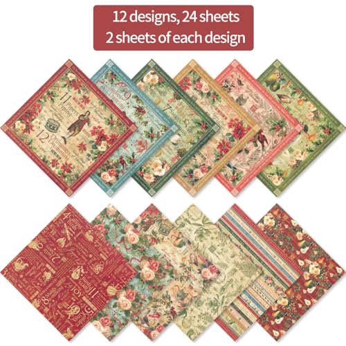 6x6" 160gsm Cardstock Single Sided Scrapbooking 24 Papers Pad Vintage Decoupage Scrapbook Kit Patterned Paper Junk Journal Supplies Journaling Supply Scrap Paper Crafting. Carols - color: 24sheets-carols