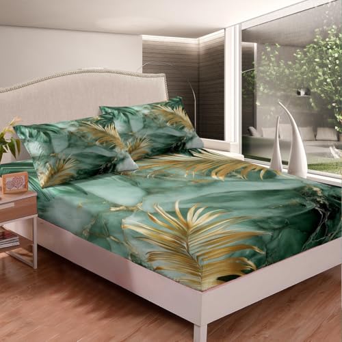 Tropical Leaves Bed Sheet Set King Size 4pcs,Modern Fashion Marble Texture Fitted Sheet Set for Kids Men Teens,Seaside Palm Leaves Bedding Set with 1 Flat & 1 Fitted Sheet with 2 Pillowcases - color: Green and Gold, size: KING(W78*L80*H16")