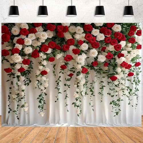 White and Red Rose Floral Theme Backdrops Rose Flowers Vine Leaves Photography Background Bridal Shower Wedding Reception Ceremony Portrait Photo Background (B, 6 * 4feet) - color: B, size: 6*4feet