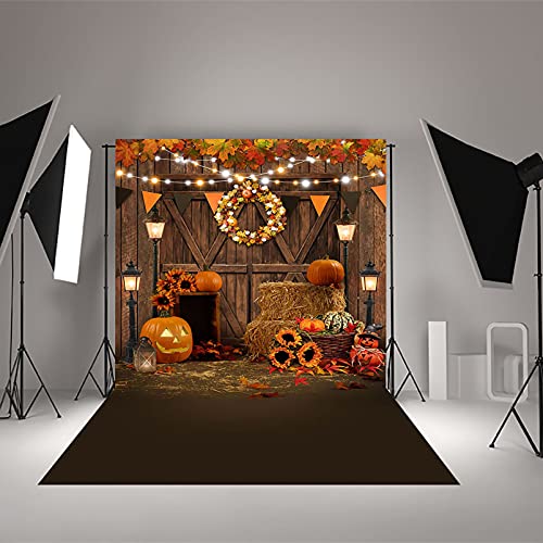 Avezano Fall Thanksgiving Photography Backdrop Autumn Pumpkin Harvest Barn Background Maple Leaves Rustic Wooden Door Garland Backdrops for Portrait Photoshoot Photo Studio (5x7ft) - size: 5x7ft