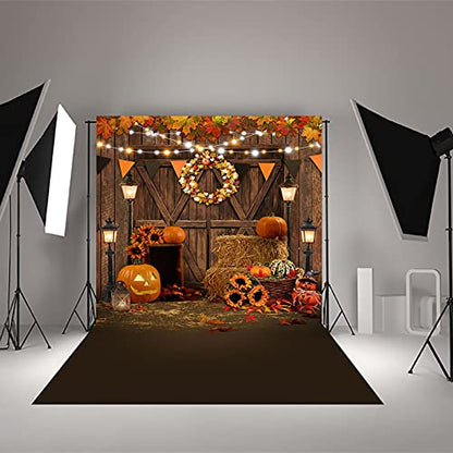 Avezano Fall Thanksgiving Photography Backdrop Autumn Pumpkin Harvest Barn Background Maple Leaves Rustic Wooden Door Garland Backdrops for Portrait Photoshoot Photo Studio (5x7ft) - size: 5x7ft