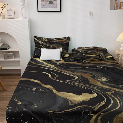 Black Gold Marble Sheets King Size, Kids Boys Girls Bed Sheet Set, Golden Lines Marble Texture Bedding Sheet Sets 4 Piece, Soft Microfiber Deep Pocket Fitted Sheet & Flat Sheet & 2 Pillowcases - color: Black Gold, size: King
