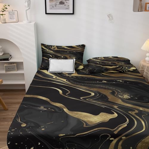 Black Gold Marble Sheets Full Size, Kids Boys Girls Bed Sheet Set, Golden Lines Marble Texture Bedding Sheet Sets 4 Piece, Soft Microfiber Deep Pocket Fitted Sheet & Flat Sheet & 2 Pillowcases - color: Black Gold, size: Full