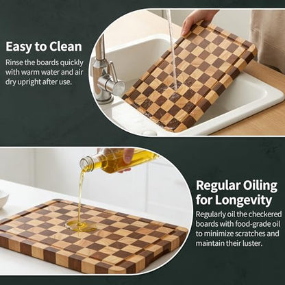 WILLKOMMEN Checkered Cutting Board Set, 3-Piece Wood Checkerboard End Grain Chopping Boards with Holder & Juice Groove Wooden Kitchen Cutting Board for Cooking and Serving (S, M, L) - style: Checkerboard set of 3