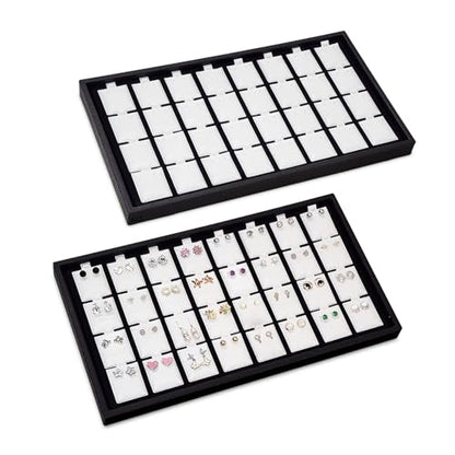 Ikee Design 2 Pcs Set Black Earring Display Tray with 32 Earring Cards Organizer, Jewelry Tray Display for Stud Earring Collection, 100pcs Earring Puffy Cards, 14 3/4W x 8 1/4D x 1H in, White, Black - color: Large Earring Card