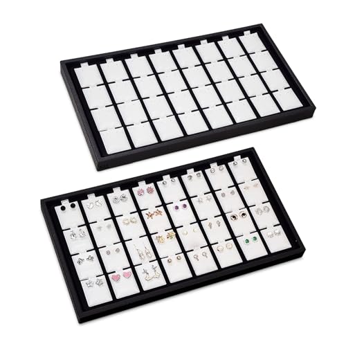 Ikee Design 2 Pcs Set Black Earring Display Tray with 32 Earring Cards Organizer, Jewelry Tray Display for Stud Earring Collection, 100pcs Earring Puffy Cards, 14 3/4W x 8 1/4D x 1H in, White, Black - color: Large Earring Card