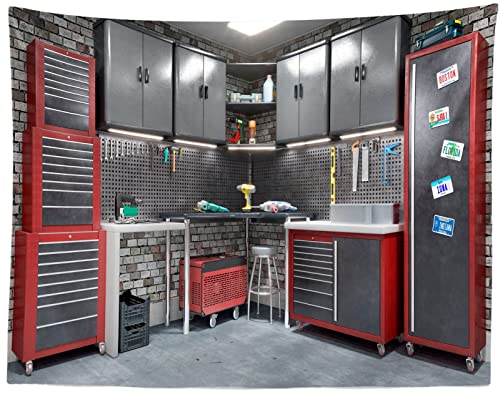 BELECO 9x6ft Fabric Modern Garage Backdrops for Photography Interior Repair Tools Cabinet Toolbox Tools Shelf Background for Mechanic Theme Party Decorations Birthday Photoshoot Photo Booth Props - size: 9x6FT