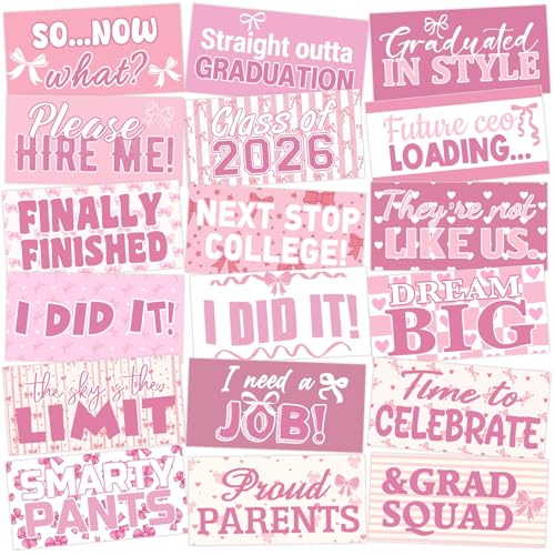 24 Designs Pink Bow Graduation Photo Booth Props Class of 2026 Coquette Double Sided 11x5.51'' Pink and White Graduation Decor Picture Props for Photoshoot Supplies Selfie Sign for School Grad Party - color: Pink Bow, style: Graduation