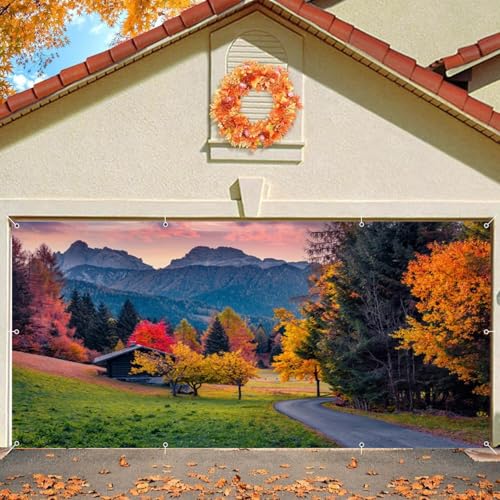 Fall Garage Door Cover Banner Decorations Backdrop 8x16ft Large Thanksgiving Autumn Country Forest Maple Leaves Nature Landscape Garage Door Banner Party Photoshoot Studio Prop Photography Background - size: 8x16ft