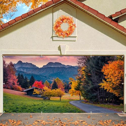 Fall Garage Door Cover Banner Decorations Backdrop 6x13ft Large Thanksgiving Autumn Country Forest Maple Leaves Nature Landscape Garage Door Banner Party Photoshoot Studio Prop Photography Background - size: 6x13ft