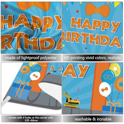 Cartoon Orange Blue Theme Happy Birthday Photography Backdrop, 5x3ft Background Photo Booth Banner Props for Kids Girls Boys Birthday Baby Shower Holiday Party Decorations Supplies - size: 5x3ft / 60" Lx40" W