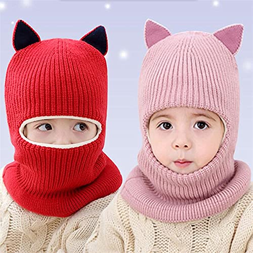 Kids Winter Plus Velvet Thickened face Protection Scarf Cute Beanie Cap Skull Caps Winter Soft Warm Knit Caps - color: Hat3-red