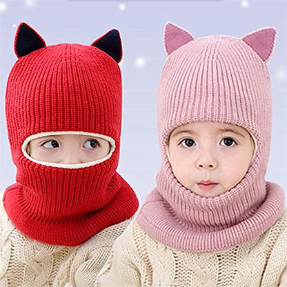 Kids Winter Plus Velvet Thickened face Protection Scarf Cute Beanie Cap Skull Caps Winter Soft Warm Knit Caps - color: Hat3-red