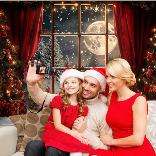 Avezano 8x6 ft Christmas Photo Backdrop Window Full Moon Night Background Red Curtain Christmas Eve Holiday Portrait Backdrop Photo Studio Props - size: 8x6ft