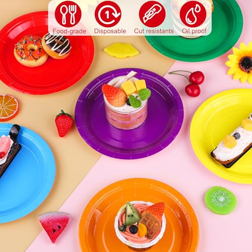 Breroa 72 Pieces Rainbow Paper Plates 7 Inch Bulk Paper Plates Disposable Round Dessert Plates Heavy Duty Solid Color Paper Plates Table Decors Party Supply for Birthday, Dinner, Wedding - color: Rainbow