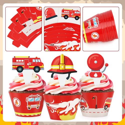 48 Pack Fire Truck Cupcake Toppers and Wrappers, Firefighter Fireman Party Cake Decoration for Firefighting Theme Birthday Party Baby Shower Supplies - style: Fire Truck