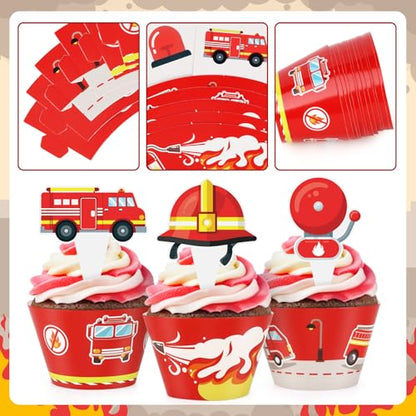 48 Pack Fire Truck Cupcake Toppers and Wrappers, Firefighter Fireman Party Cake Decoration for Firefighting Theme Birthday Party Baby Shower Supplies - style: Fire Truck