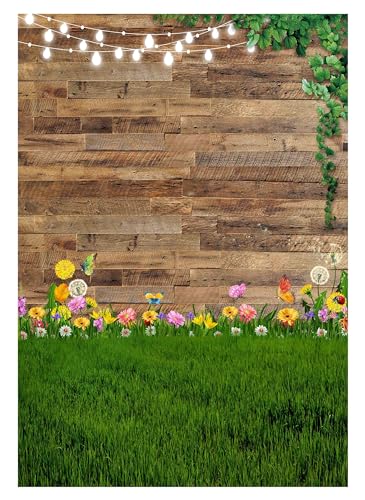 Allenjoy 59" x 82" Spring Brown Rustic Wood Backdrop Photography Spring Flower Grassland Kids Newborn Photoshoot Background Pictures Wooden Board Baby Shower Bday Party Decor Banner Photo Booth Props