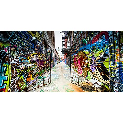 YongFoto 12x6ft Urban Street Graffiti Wall Backdrop Colorful Iron Gate Street Abandoned School Photography Background Punk Music Rock Concert Hip Hop Rap Fashion Party Decor Kids Adult Photo Props - size: 12x6ft