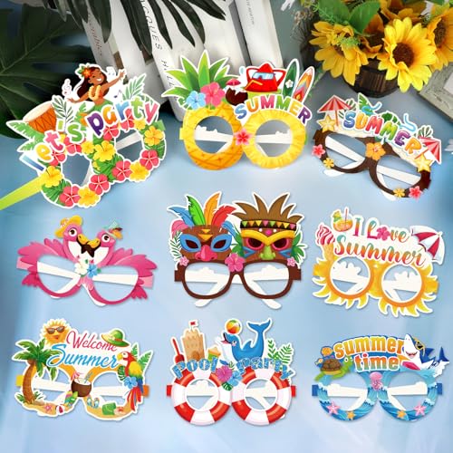 Konsait 18 Pack Luau Beach Pool Summer Paper Glasses for Adults, Hawaiian Aloha Party Favors, Accessories & Photo Props