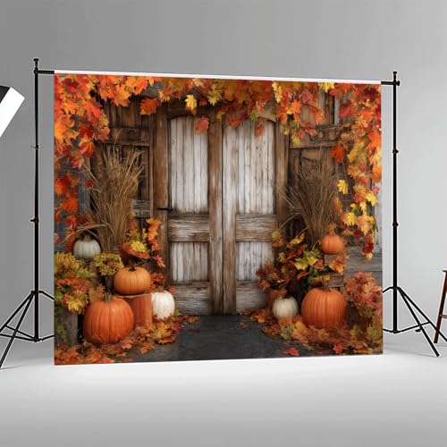 Fall Pumpkin Photography Backdrop, Autumn Thanksgiving Harvest Rustic Farm Wooden Barn Door Background Maple Leaves Party Banner Decoration Photo Booth Props 7x5FT