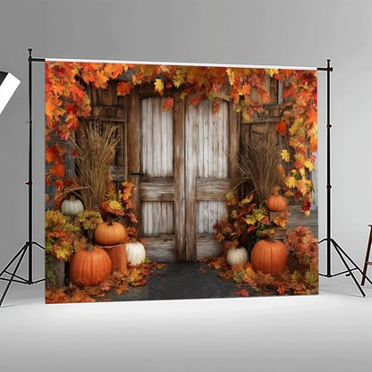 Fall Pumpkin Photography Backdrop, Autumn Thanksgiving Harvest Rustic Farm Wooden Barn Door Background Maple Leaves Party Banner Decoration Photo Booth Props 7x5FT