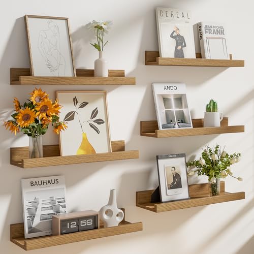 Heimlove Floating Shelves Set of 6, 16" Wall Mounted Picture Ledge, Display Shelf Organizer for Decor Storage, Wall Mounted Shelves for Living Room, Bedroom, Bathroom, Kitchen (Oak) - color: Oak, size: 16 inches set of 6