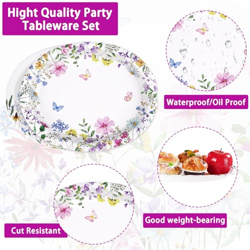50Pcs Wildflower Oval Paper Plates 10" x 12" Heavy Duty Disposable Watercolor Flowers Butterfly Party Plates Spring Floral Dessert Platters for Wedding Baby Shower Birthday Picnic Tea Party Supplies - style: 50Pcs Wildflower Oval Paper Plates