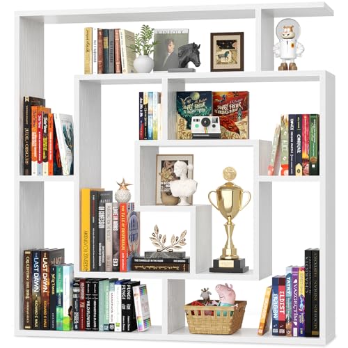 Armocity 6 Tier Display Book Shelf Wall Mounted Bookshelf Freestanding Geometric Bookcase Floating Book Shelves for Wall Bedroom Living Room Home Office, 45.5"(W) * 47"(H), White - color: White