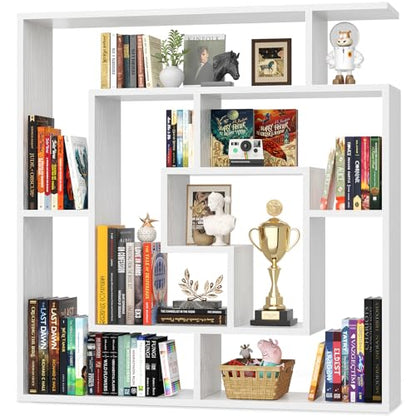 Armocity 6 Tier Display Book Shelf Wall Mounted Bookshelf Freestanding Geometric Bookcase Floating Book Shelves for Wall Bedroom Living Room Home Office, 45.5"(W) * 47"(H), White - color: White
