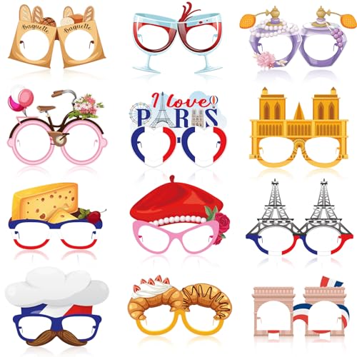 36 Pcs Paris Party Decorations France Theme Eyeglasses Paper Glasses Frame Eiffel Tower Photo Booth Props French Party Favors for Paris Baby Shower Birthday Supplies - style: Paris