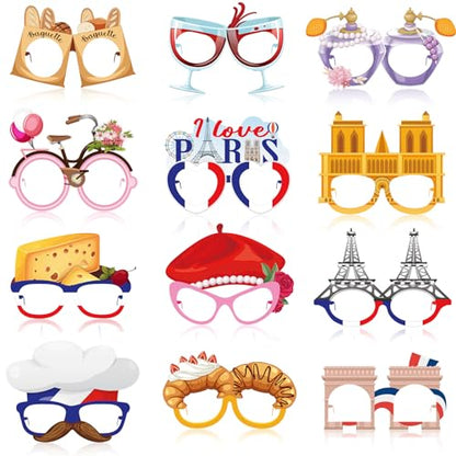 36 Pcs Paris Party Decorations France Theme Eyeglasses Paper Glasses Frame Eiffel Tower Photo Booth Props French Party Favors for Paris Baby Shower Birthday Supplies - style: Paris