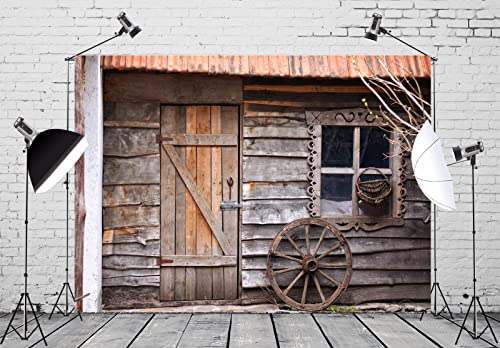 BELECO 10x6.5ft Fabric Old Wooden House Cabin Backdrop Rustic Farmhouse Barn Door Wooden Window Wheel Background Western Country Scene Cowboys Theme Party Decorations Kids Adults Photo Studio Props - size: 10x6.5FT